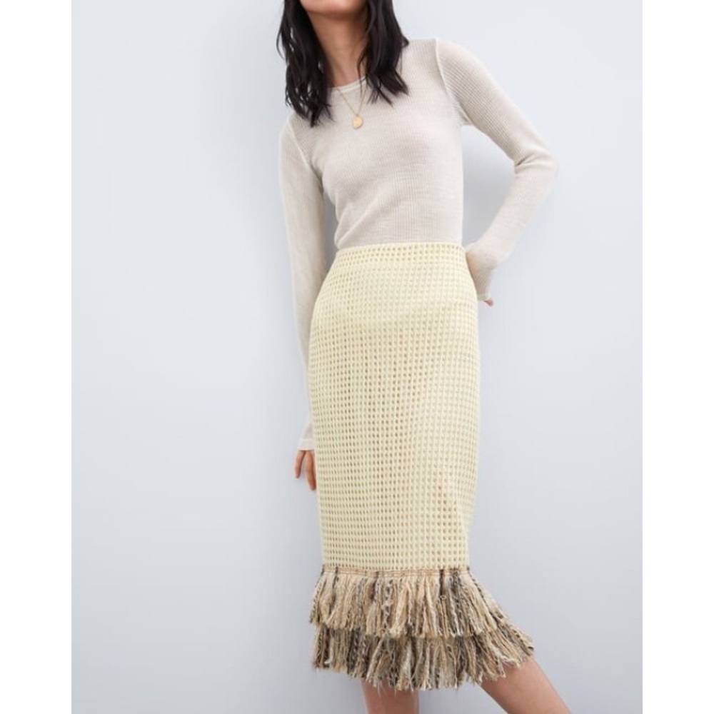 ZARA NWT Cream Crochet Midi Skirt with FringeSIZE SMALL
